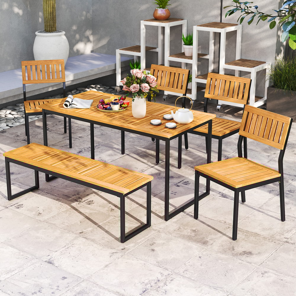 6 Pieces Outdoor Acacia Wood Dining Set With Bench And 2 Inches Umbrella Hole 0