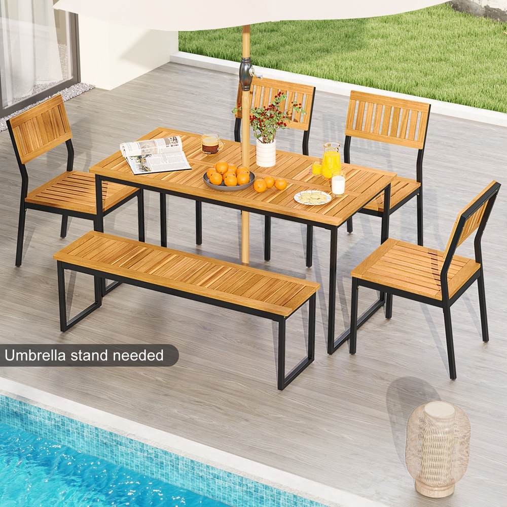 6 Pieces Outdoor Acacia Wood Dining Set With Bench And 2 Inches Umbrella Hole 1