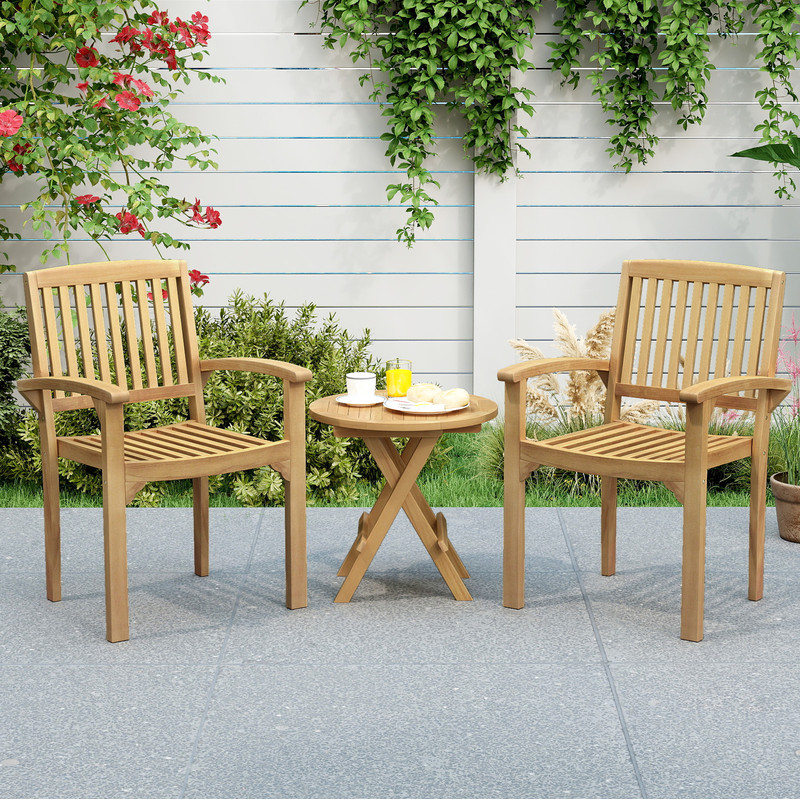 Set of 2 Outdoor Patio Chairs with Slatted & Curved Seat, Teak Wood Armchairs