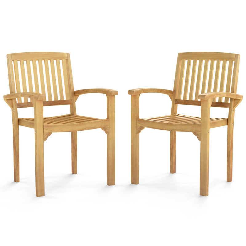 Set of 2 Outdoor Patio Chairs with Slatted & Curved Seat, Teak Wood Armchairs