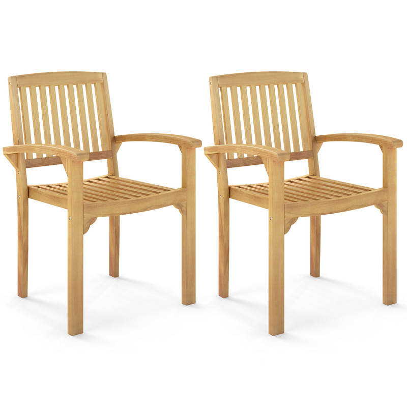 Set of 2 Outdoor Patio Chairs with Slatted & Curved Seat, Teak Wood Armchairs