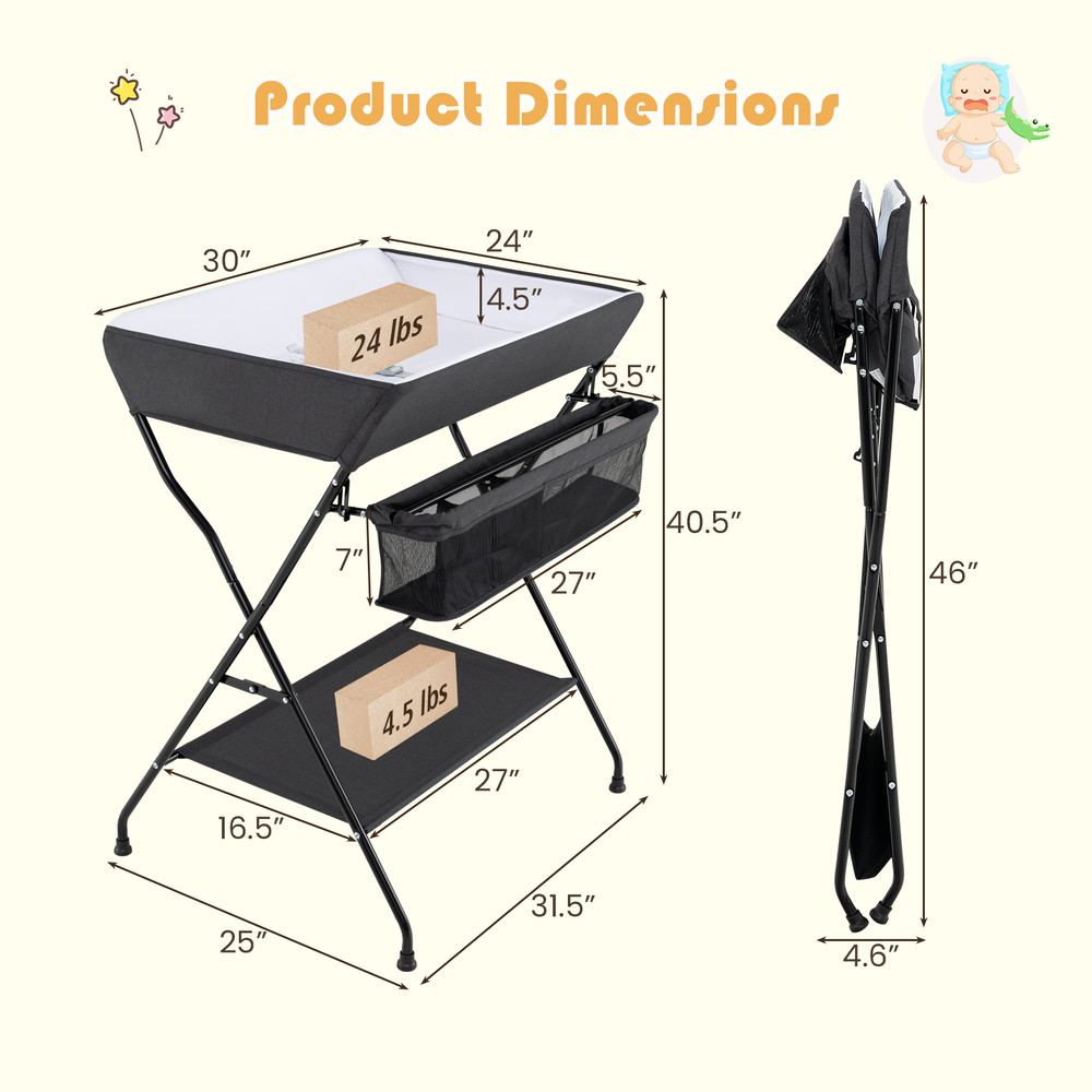Baby Storage Foldable Diaper Changing Table, Portable & Space-Saving