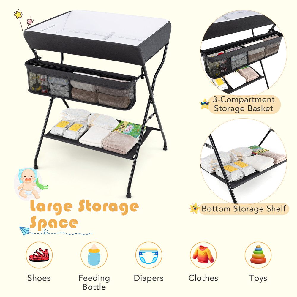 Baby Storage Foldable Diaper Changing Table, Portable & Space-Saving
