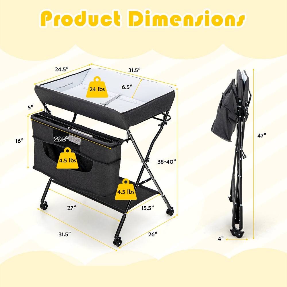 Portable Adjustable Height Newborn Nursery Organizer with Wheels, Multi-Functional Baby Changing Table