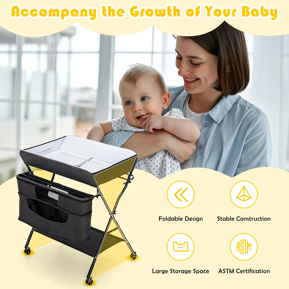 Portable Adjustable Height Newborn Nursery Organizer with Wheels, Multi-Functional Baby Changing Table