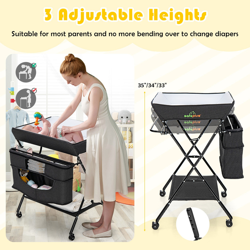 Portable Adjustable Height Newborn Nursery Organizer with Wheels, Multi-Functional Baby Changing Table