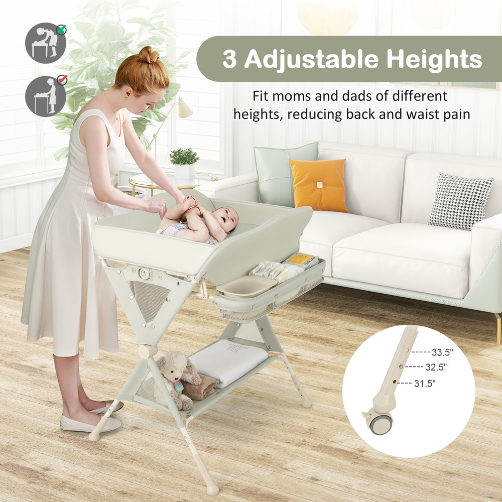 Baby Diaper Changing Table with Water Basin & Wheels, Adjustable Height, Storage & Safety Belt