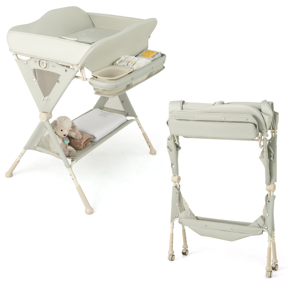 Baby Diaper Changing Table with Water Basin & Wheels, Adjustable Height, Storage & Safety Belt