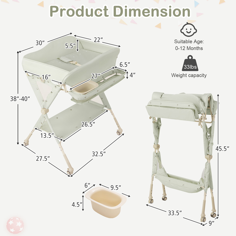 Baby Diaper Changing Table with Water Basin & Wheels, Adjustable Height, Storage & Safety Belt