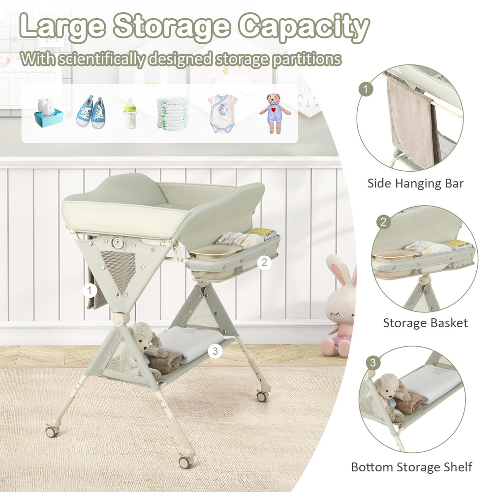 Baby Diaper Changing Table with Water Basin & Wheels, Adjustable Height, Storage & Safety Belt