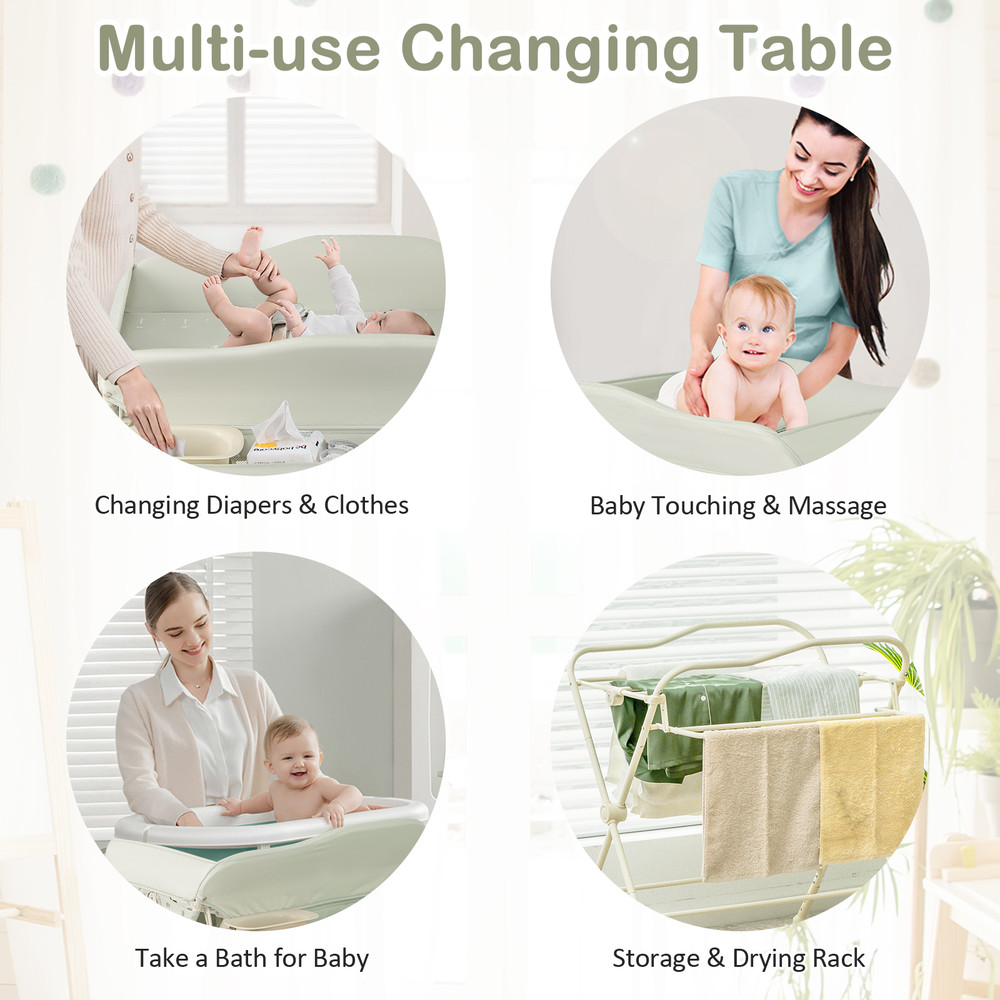 Baby Diaper Changing Table with Water Basin & Wheels, Adjustable Height, Storage & Safety Belt