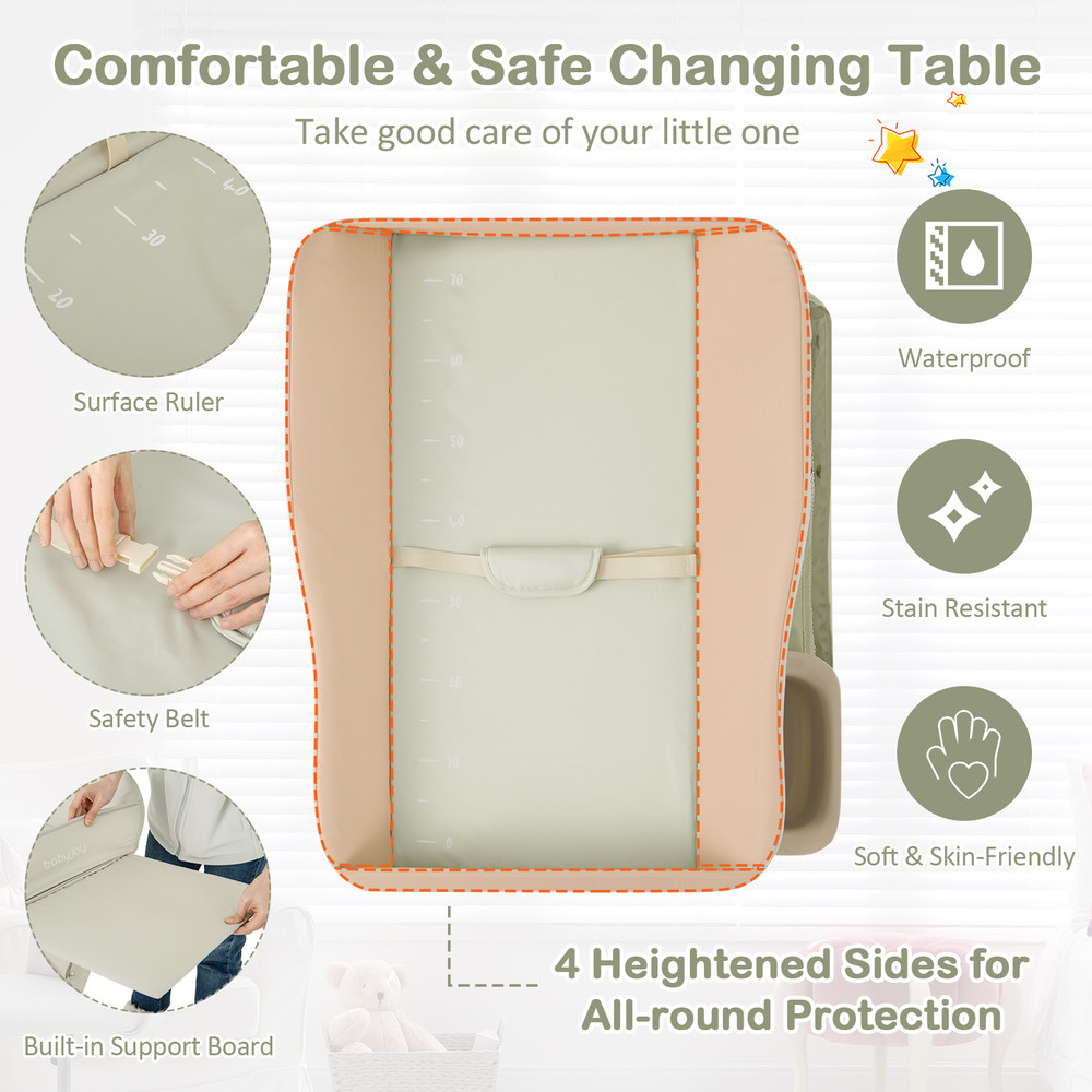 Baby Diaper Changing Table with Water Basin & Wheels, Adjustable Height, Storage & Safety Belt
