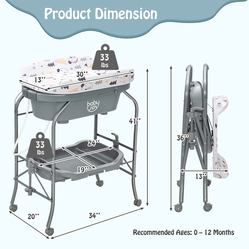 4-in-1 Folding Baby Changing Table with Bathtub & 4 Universal Wheels