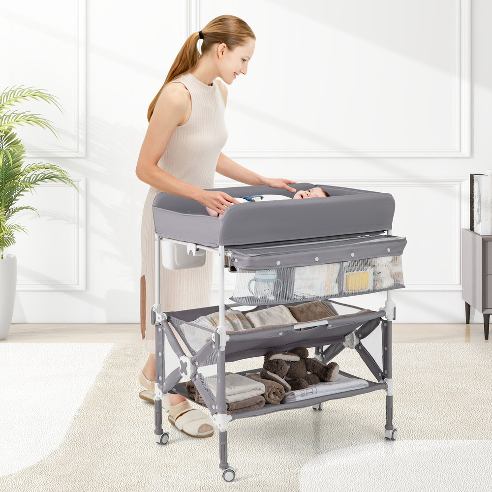 Portable Baby Changing Table with Wheels & Large Storage Rack, Adjustable Height