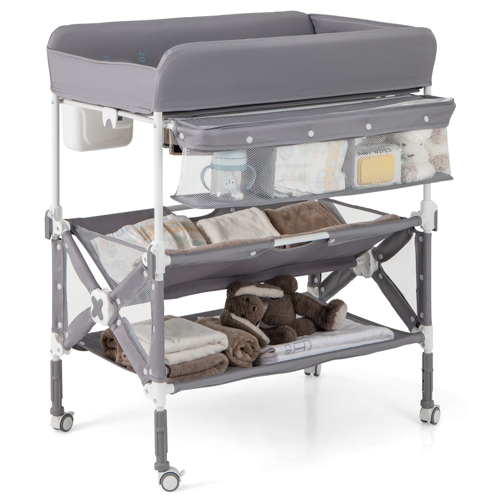 Portable Baby Changing Table with Wheels & Large Storage Rack, Adjustable Height