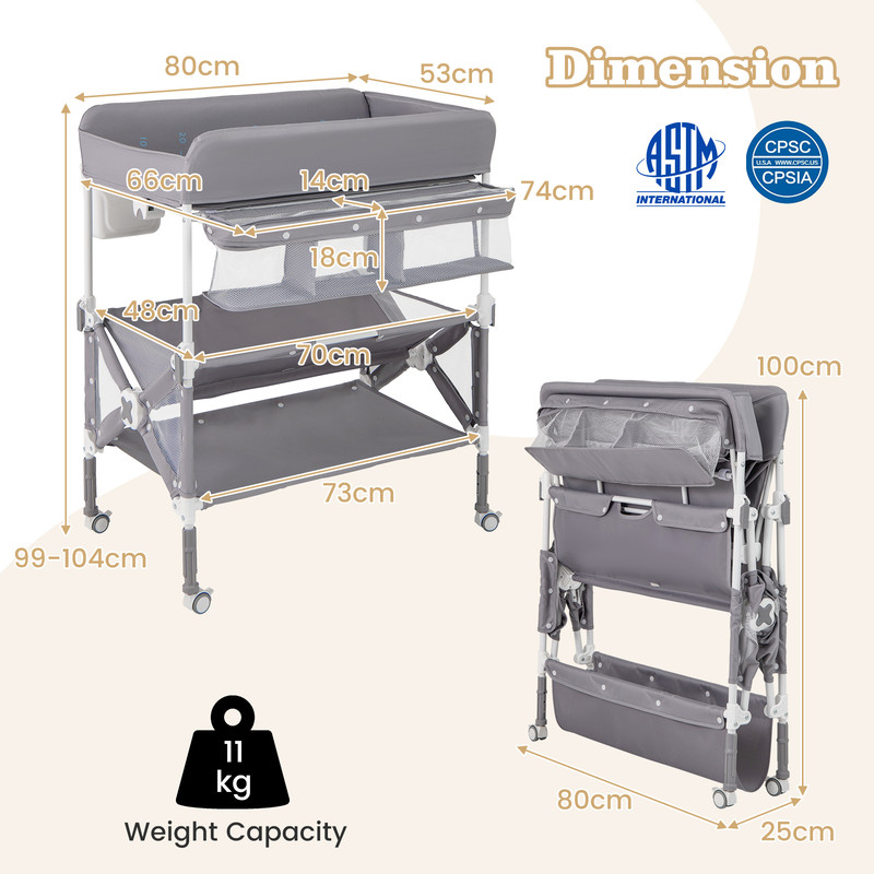Portable Baby Changing Table with Wheels & Large Storage Rack, Adjustable Height