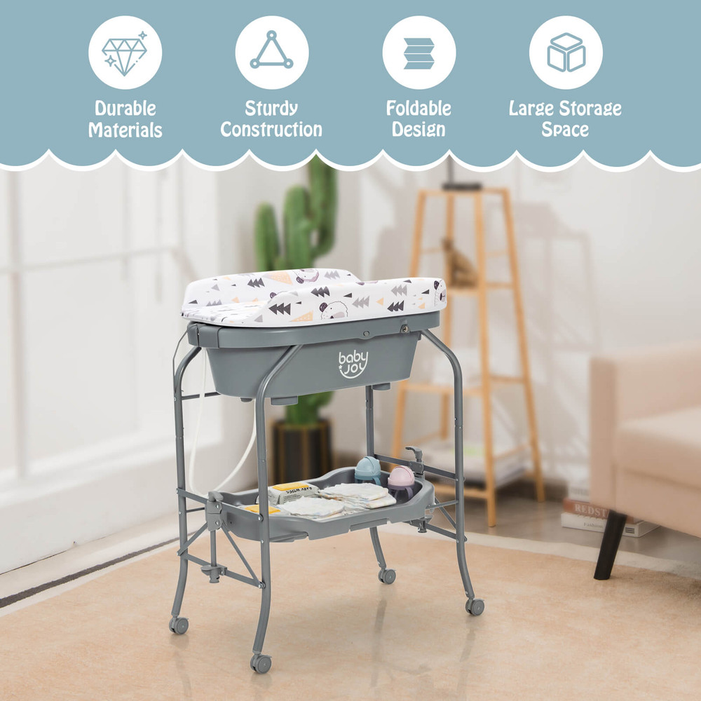 4-in-1 Folding Baby Changing Table with Bathtub & 4 Universal Wheels
