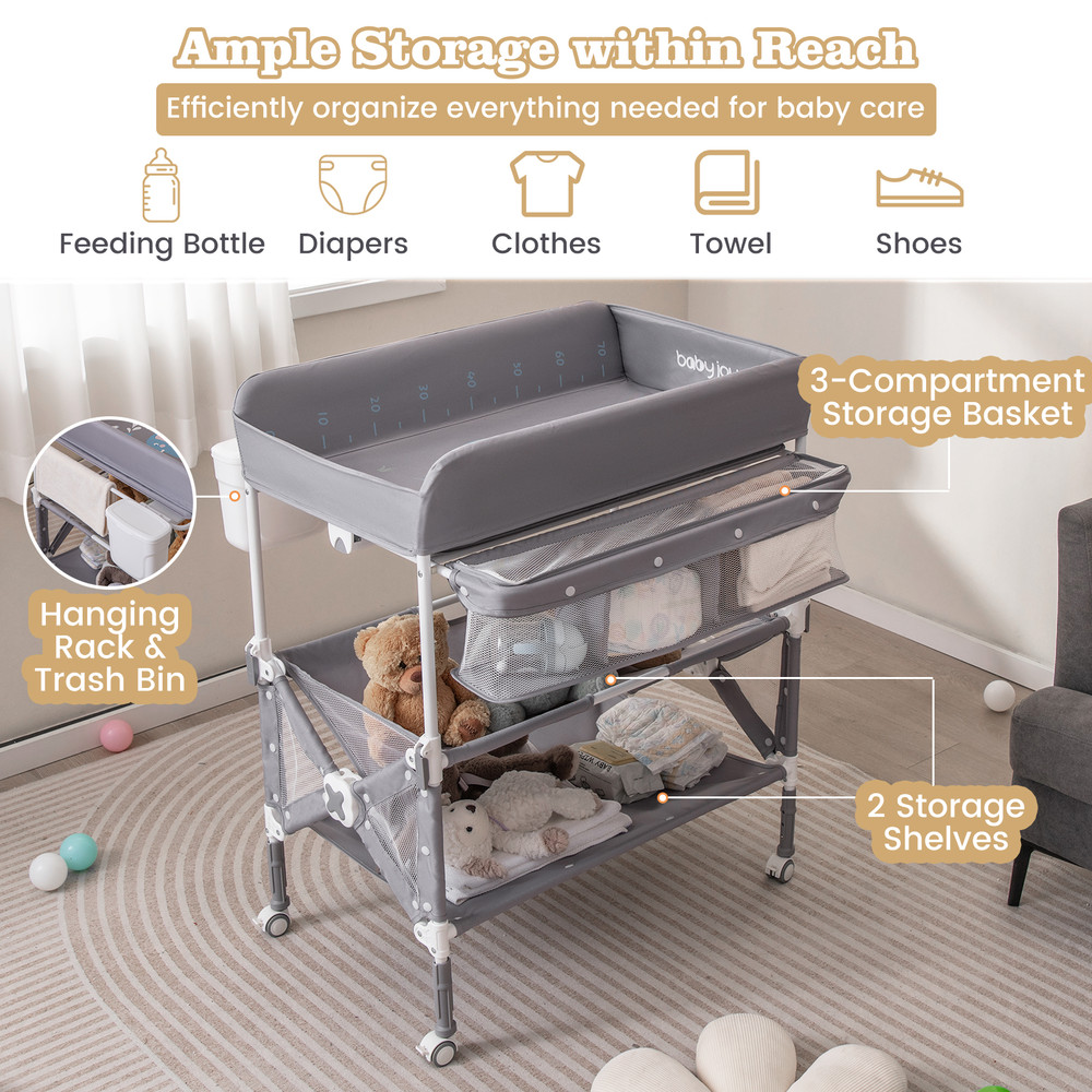Portable Baby Changing Table with Wheels & Large Storage Rack, Adjustable Height