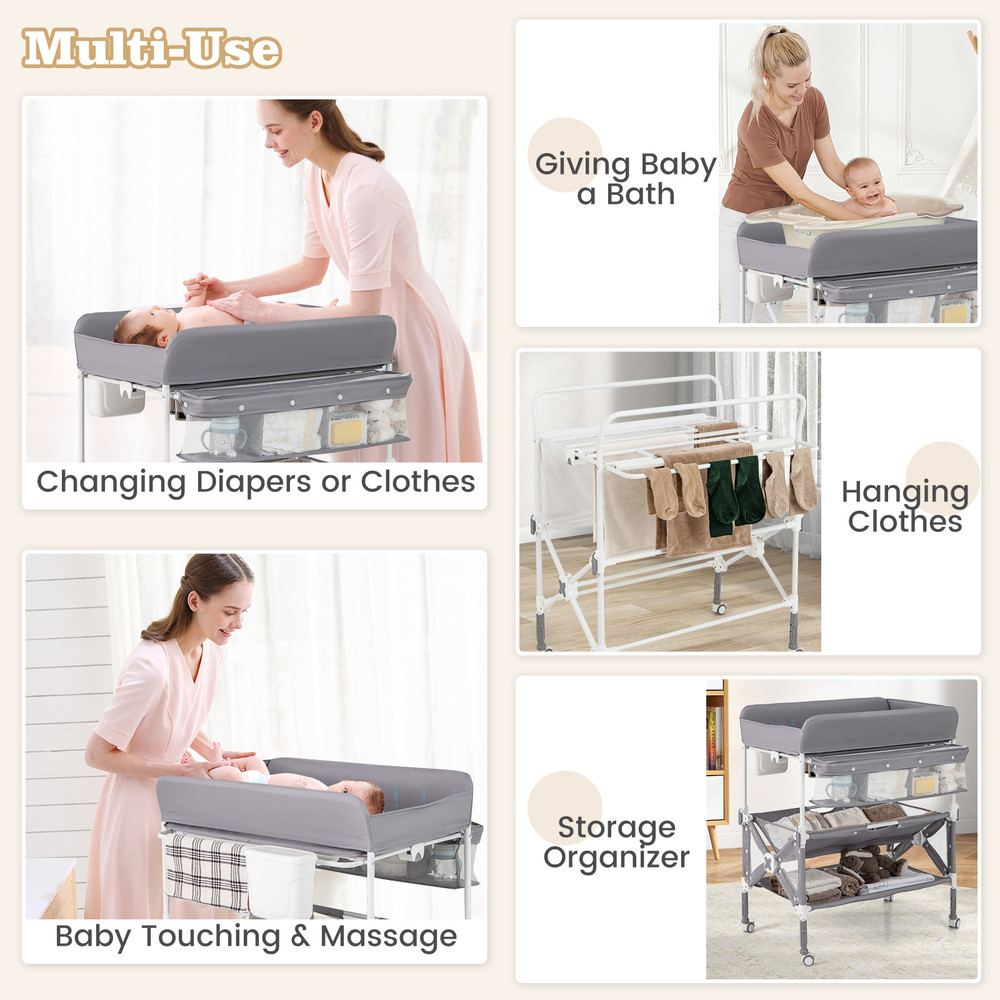 Portable Baby Changing Table with Wheels & Large Storage Rack, Adjustable Height
