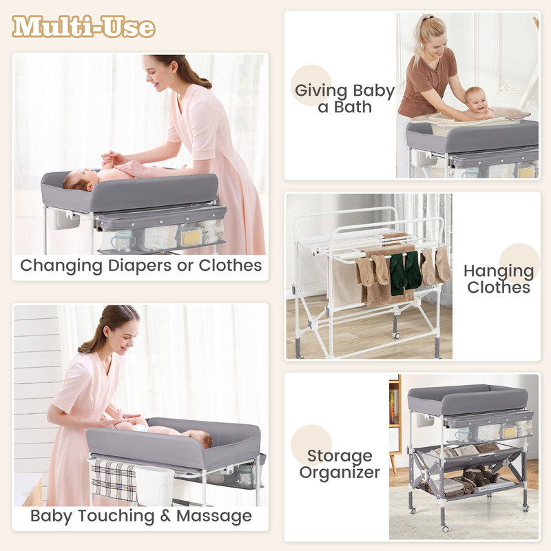 Portable Baby Changing Table with Wheels & Large Storage Rack, Adjustable Height