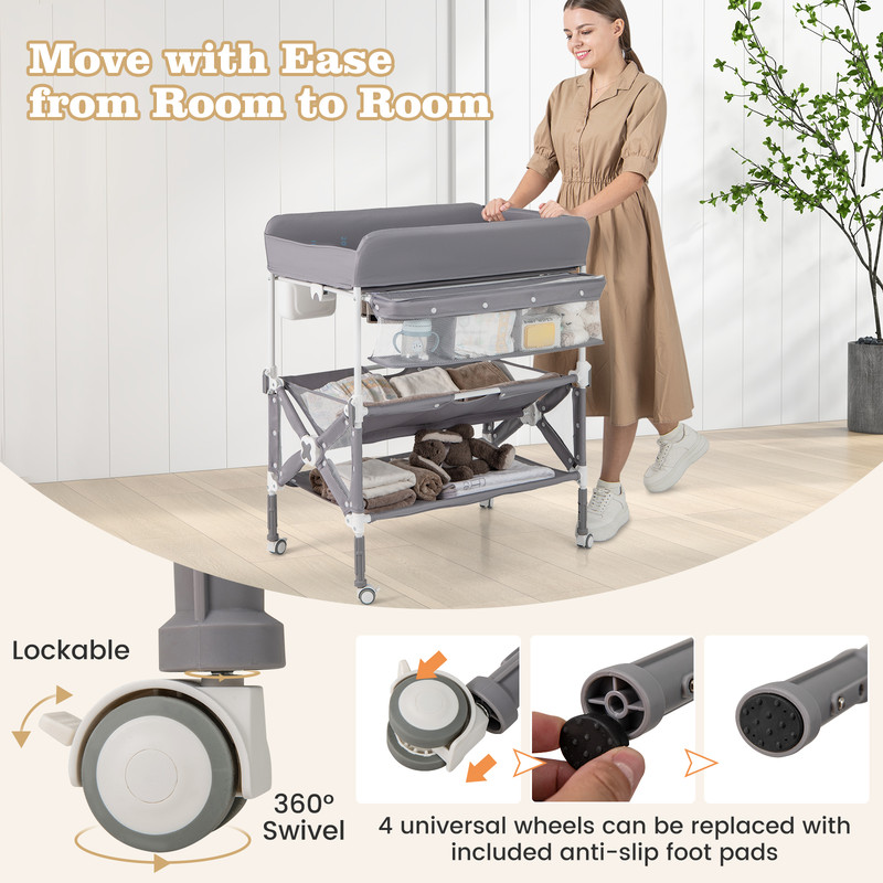 Portable Baby Changing Table with Wheels & Large Storage Rack, Adjustable Height