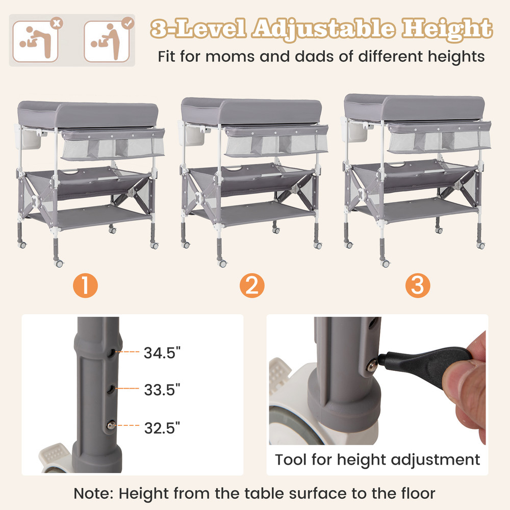 Portable Baby Changing Table with Wheels & Large Storage Rack, Adjustable Height