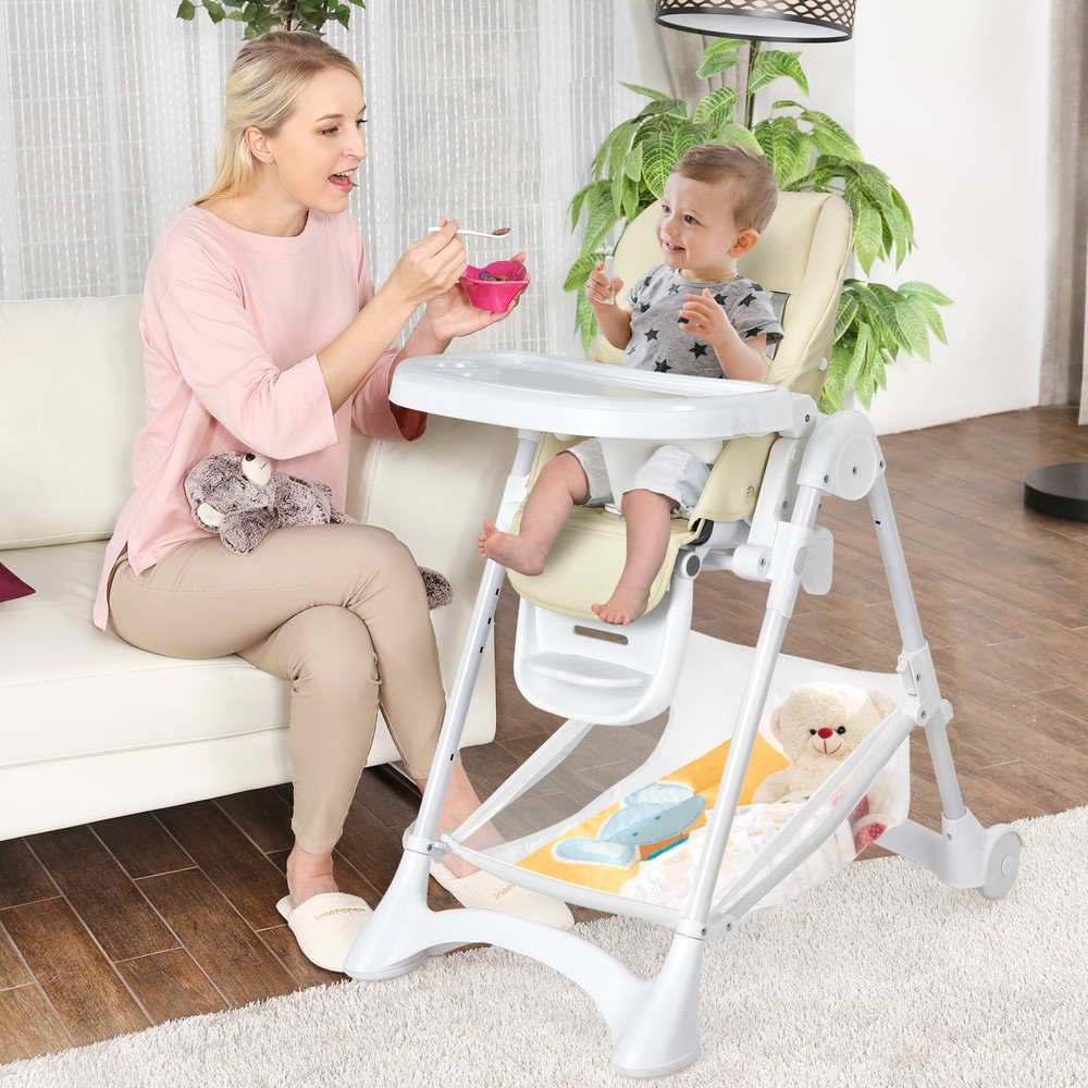 Foldable Baby High Chair with Wheels, Removable Trays & Storage Basket, Adjustable & Portable
