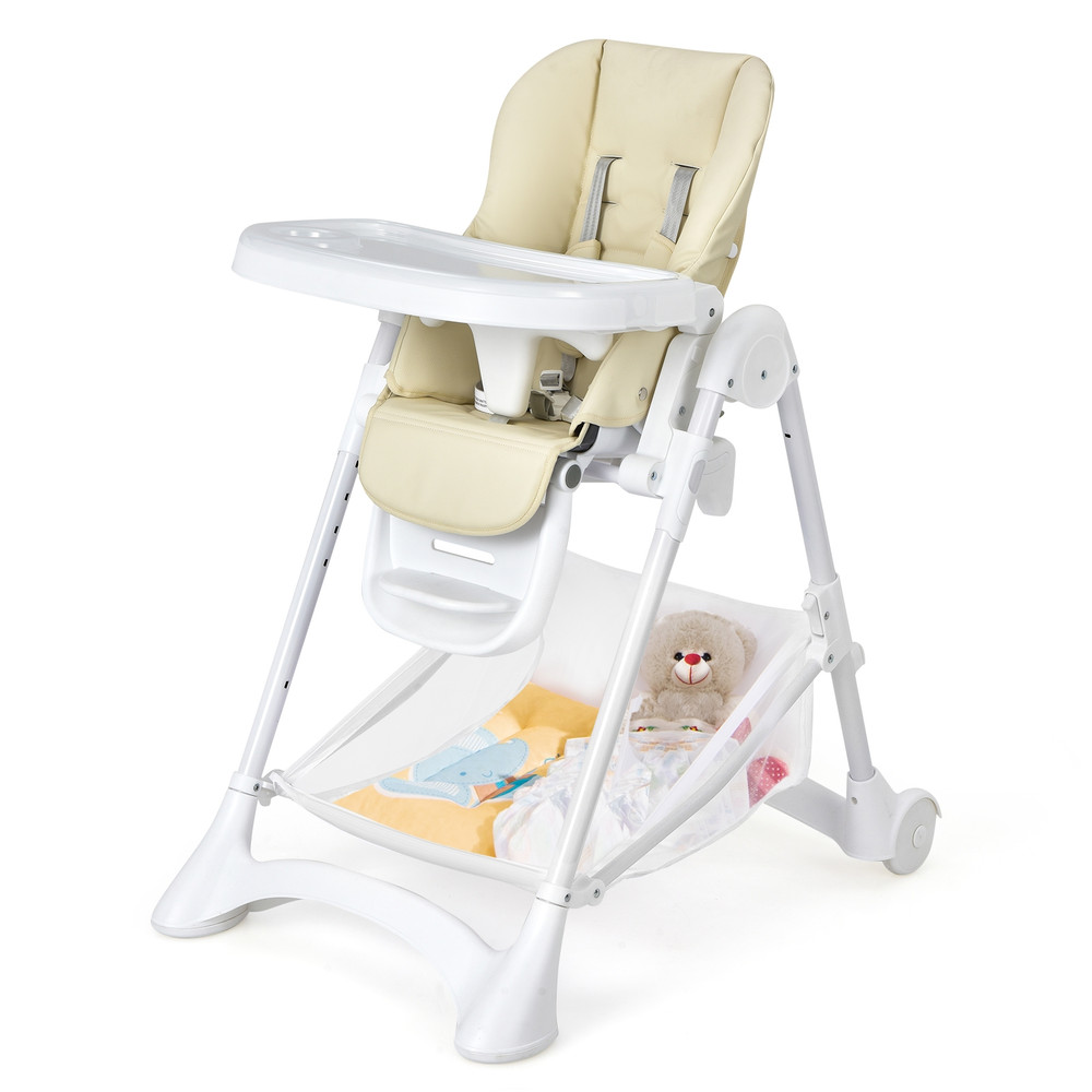 Foldable Baby High Chair with Wheels, Removable Trays & Storage Basket, Adjustable & Portable