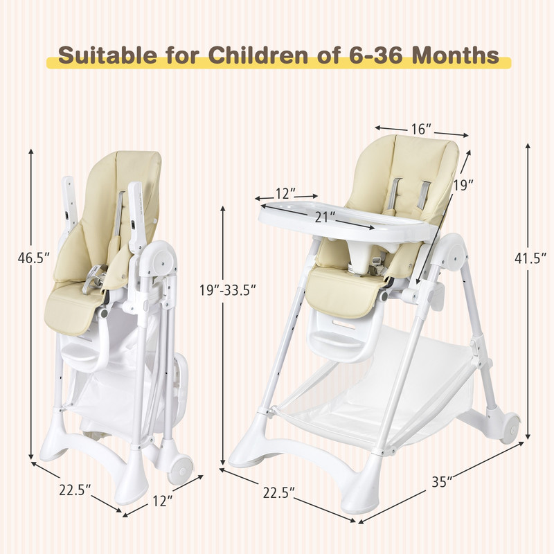 Foldable Baby High Chair with Wheels, Removable Trays & Storage Basket, Adjustable & Portable