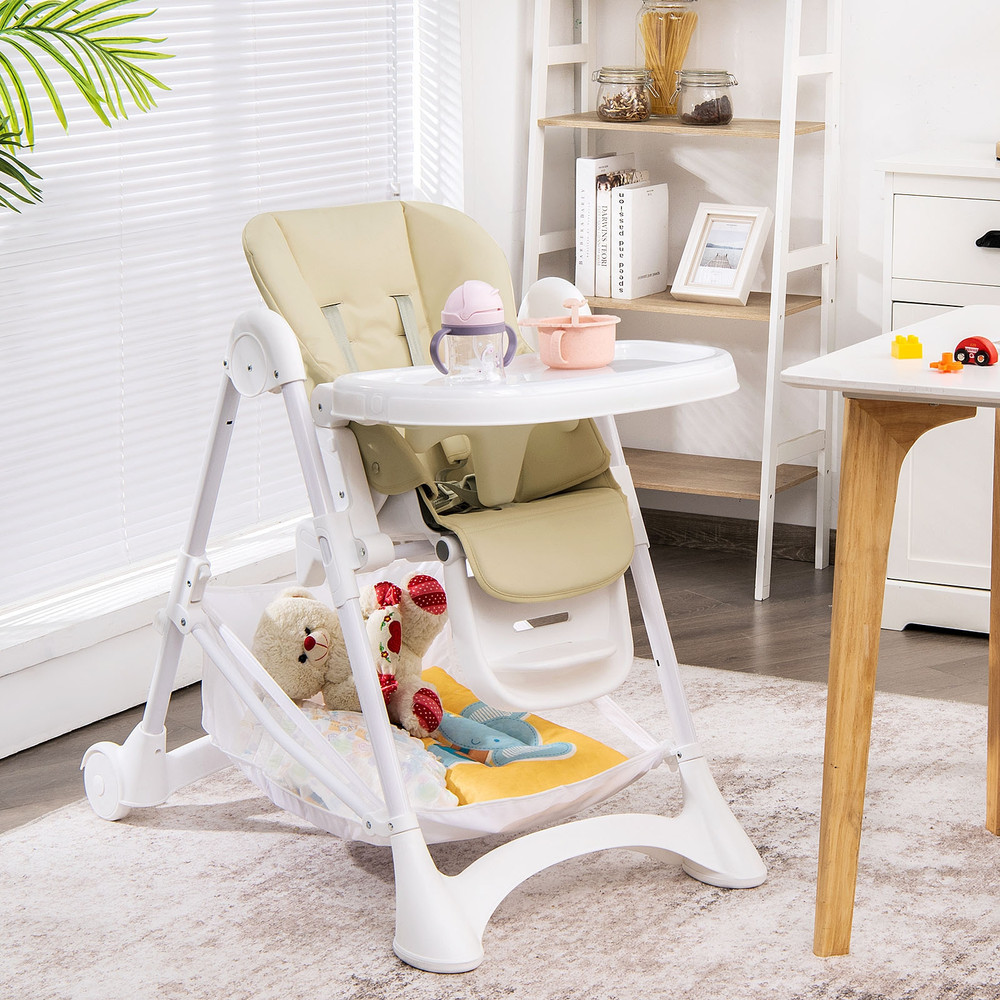 Foldable Baby High Chair with Wheels, Removable Trays & Storage Basket, Adjustable & Portable