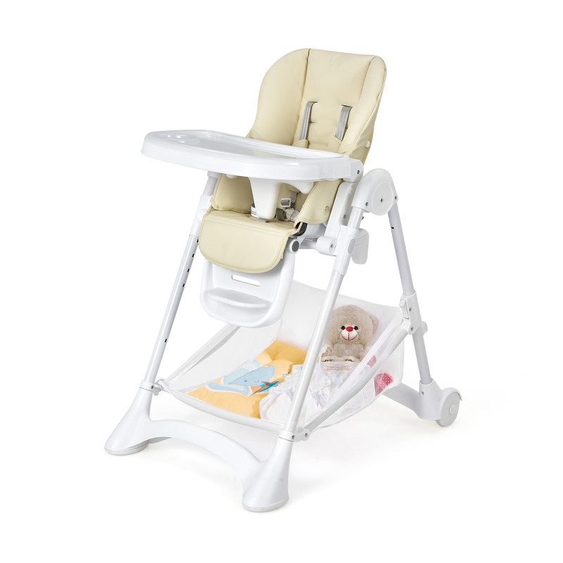 Foldable Baby High Chair with Wheels, Removable Trays & Storage Basket, Adjustable & Portable