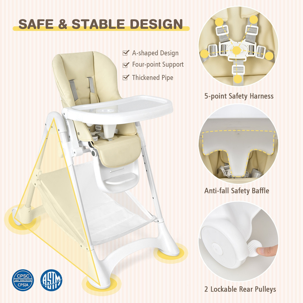 Foldable Baby High Chair with Wheels, Removable Trays & Storage Basket, Adjustable & Portable