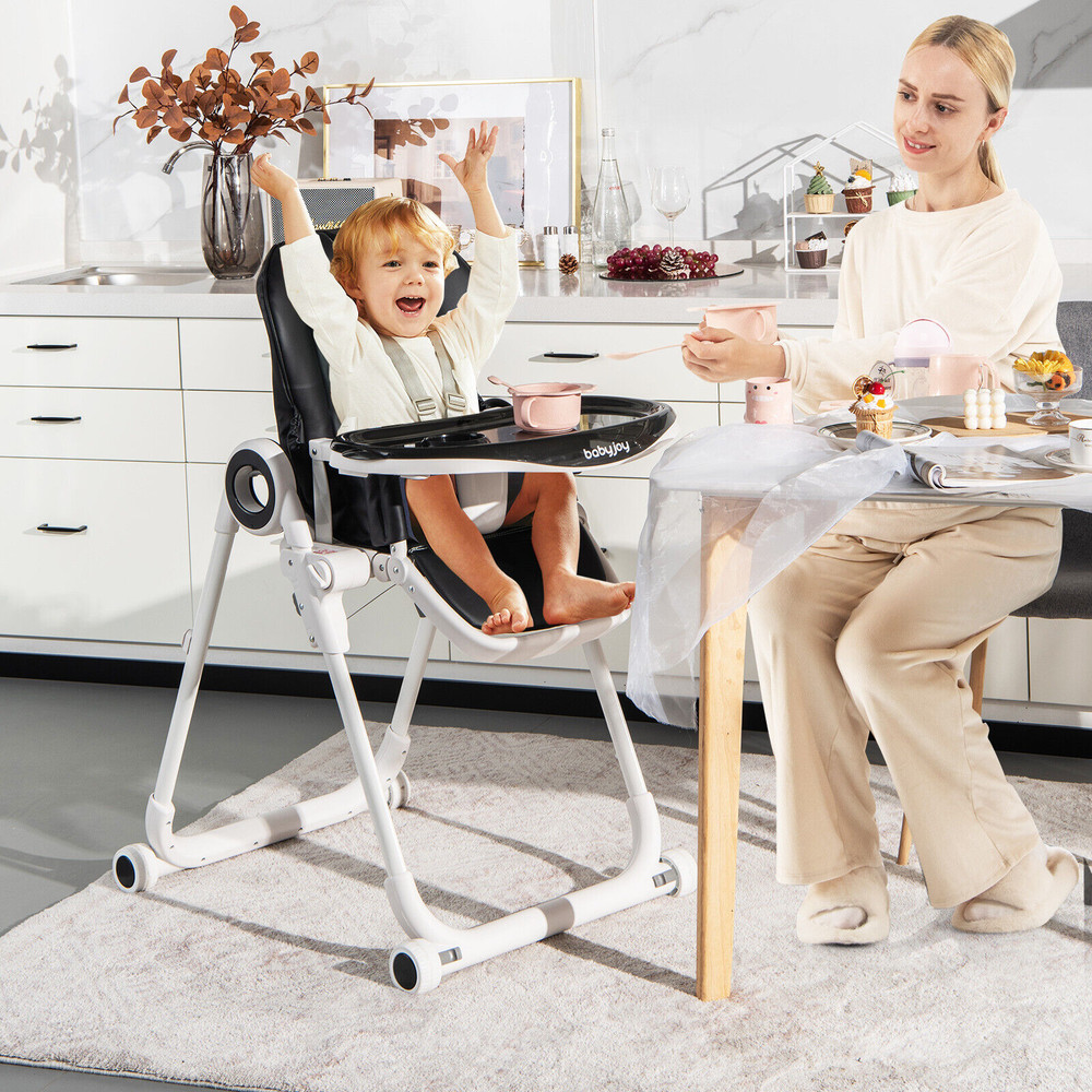 Foldable Baby High Chair with 4 Lockable Wheels, Adjustable Feeding Chair