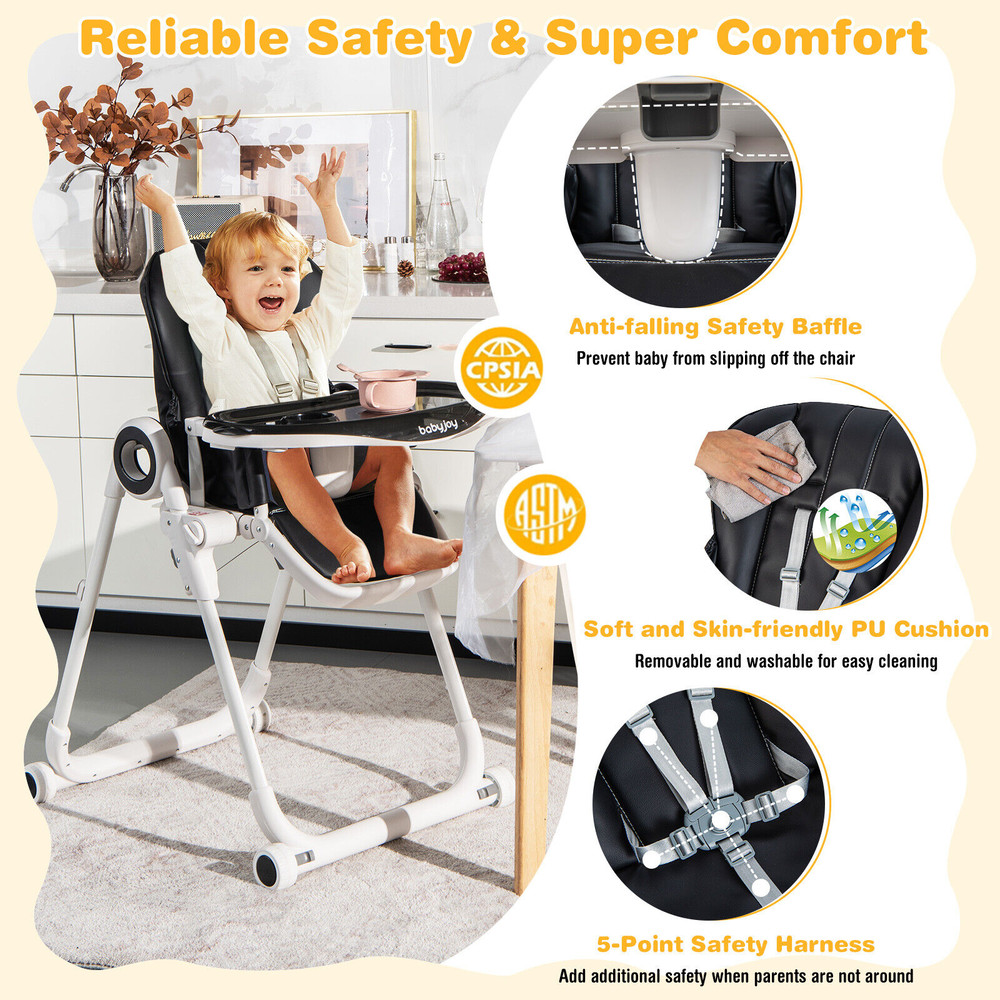 Foldable Baby High Chair with 4 Lockable Wheels, Adjustable Feeding Chair