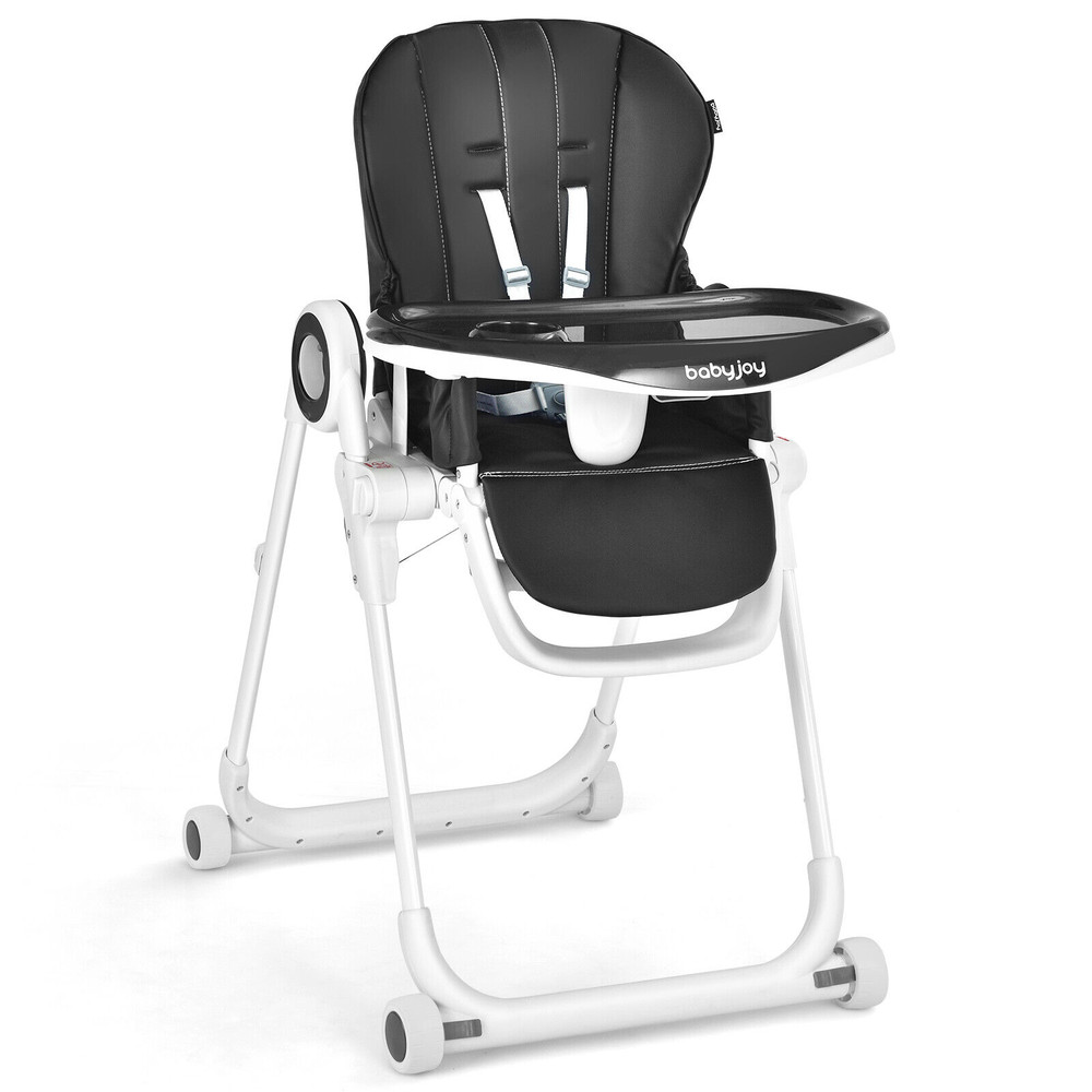 Foldable Baby High Chair with 4 Lockable Wheels, Adjustable Feeding Chair