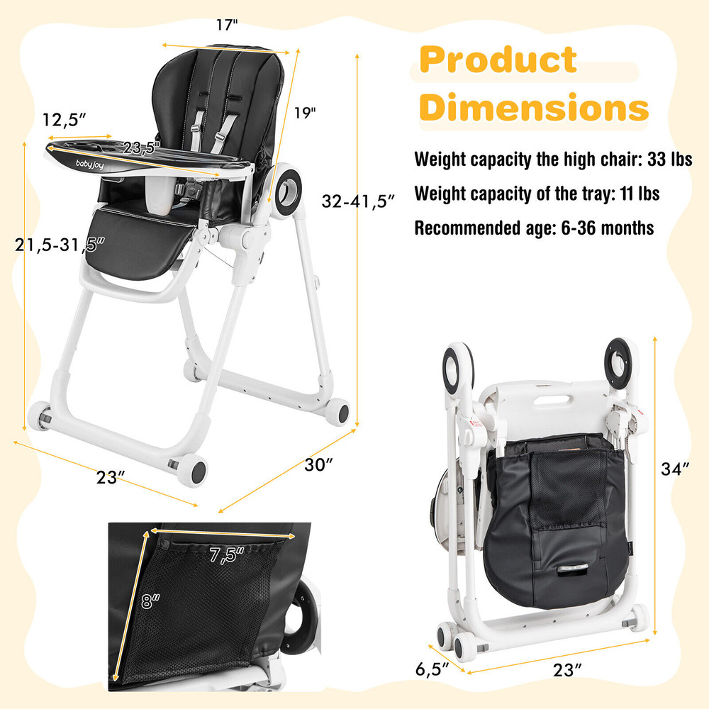 Foldable Baby High Chair with 4 Lockable Wheels, Adjustable Feeding Chair