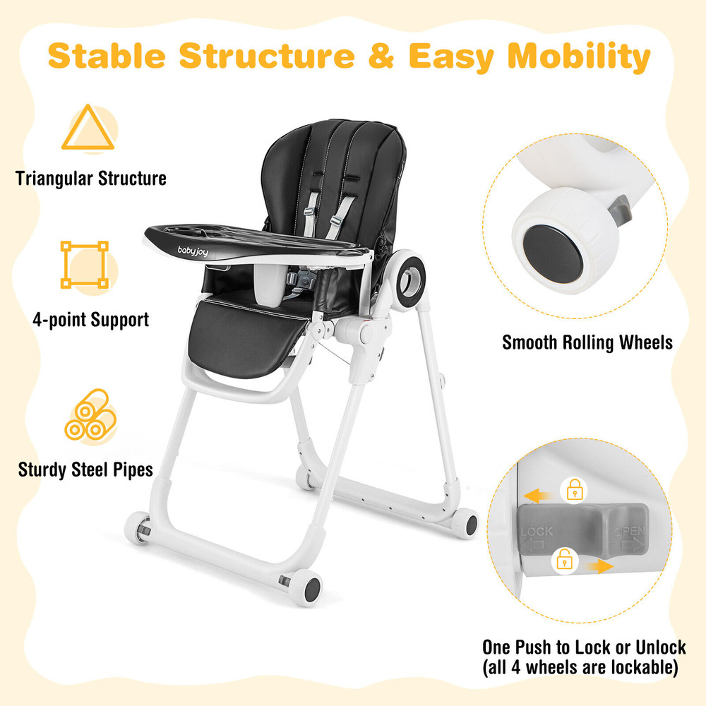 Foldable Baby High Chair with 4 Lockable Wheels, Adjustable Feeding Chair