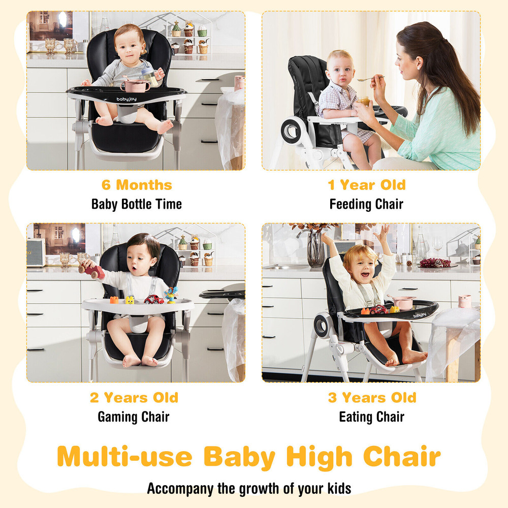 Foldable Baby High Chair with 4 Lockable Wheels, Adjustable Feeding Chair