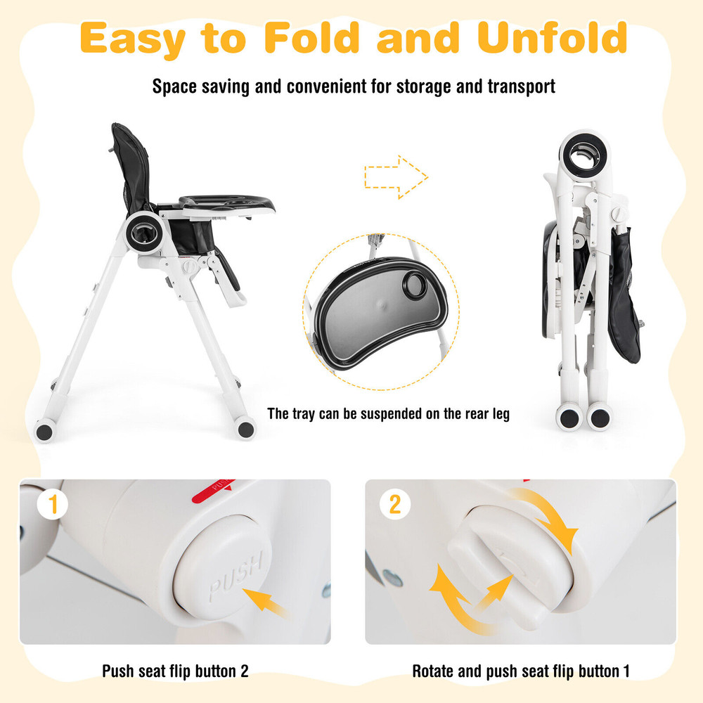 Foldable Baby High Chair with 4 Lockable Wheels, Adjustable Feeding Chair