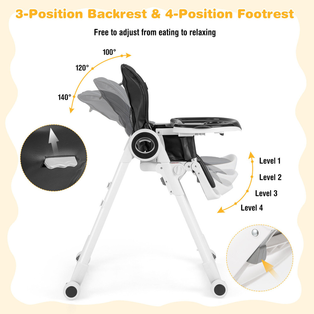 Foldable Baby High Chair with 4 Lockable Wheels, Adjustable Feeding Chair
