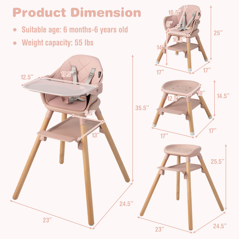 6-in-1 Convertible Highchair with Safety Harness & Removable Tray, Multi-Functional Baby Chair