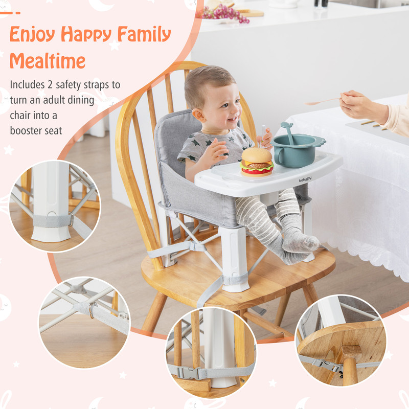 Portable Baby Booster Seat with Straps & Double Tray, Travel-Friendly & Safe
