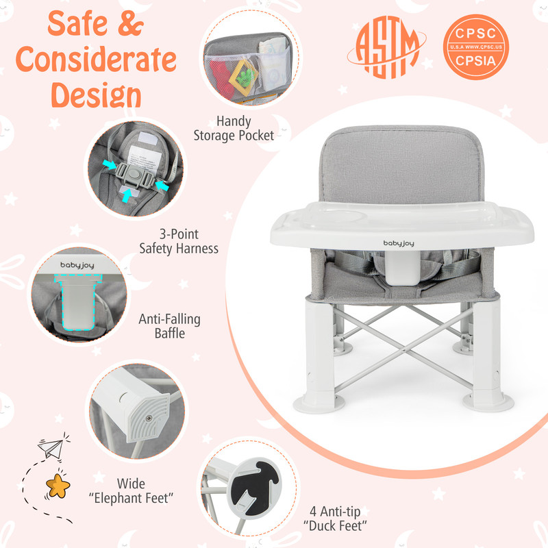 Portable Baby Booster Seat with Straps & Double Tray, Travel-Friendly & Safe