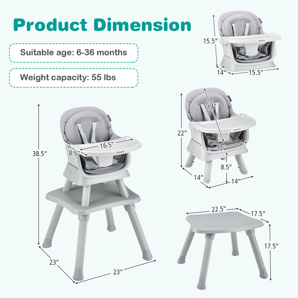 6-in-1 Convertible Baby High Chair with Adjustable Removable Tray, Multifunctional Toddler Booster Seat