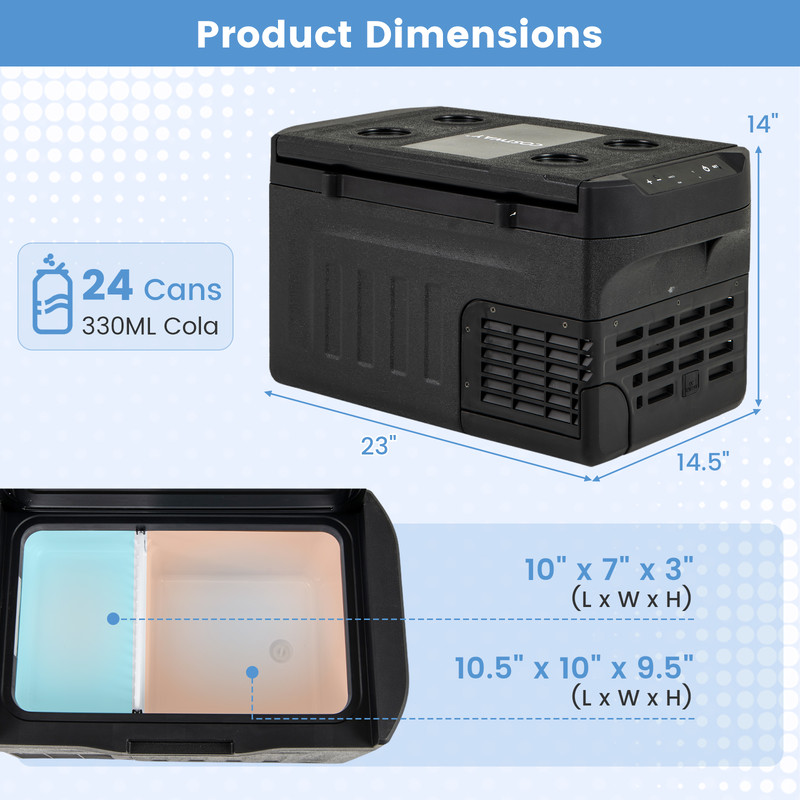 23QT 12V Car Refrigerator with Touch Panel & Removable Divider, Portable Cooler for Travel