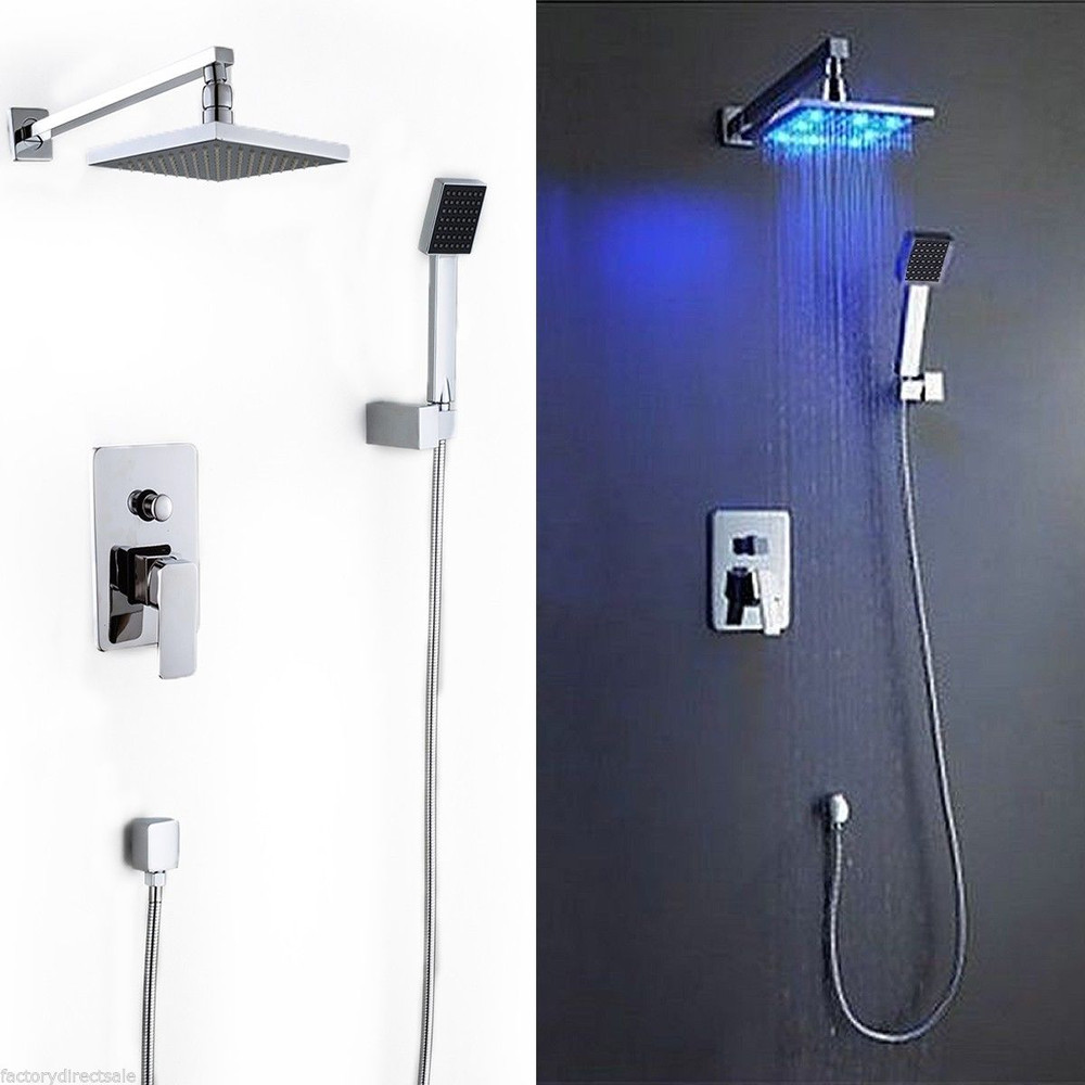 8 Inch LED Rainfall Shower Head with Arm Control Valve & Handspray, Temperature-Sensing Faucet Set