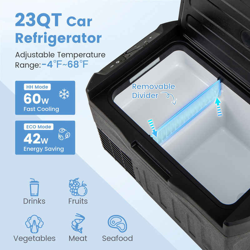 23QT 12V Car Refrigerator with Touch Panel & Removable Divider, Portable Cooler for Travel