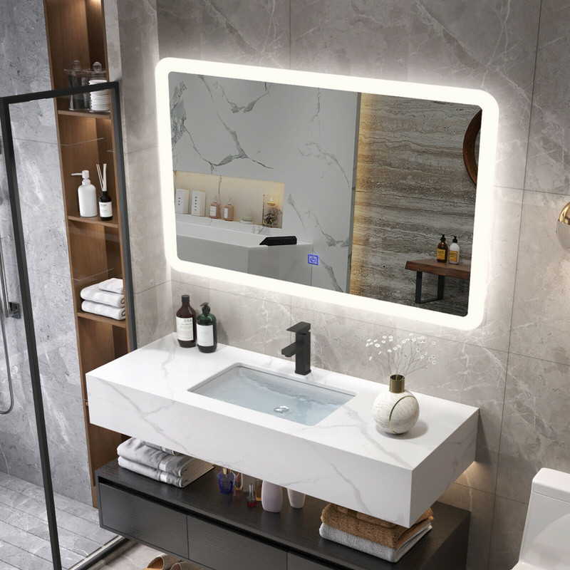 LED Wall-Mounted Bathroom Mirror with Touch Rounded Arc Corner Design for Elegant Lighting