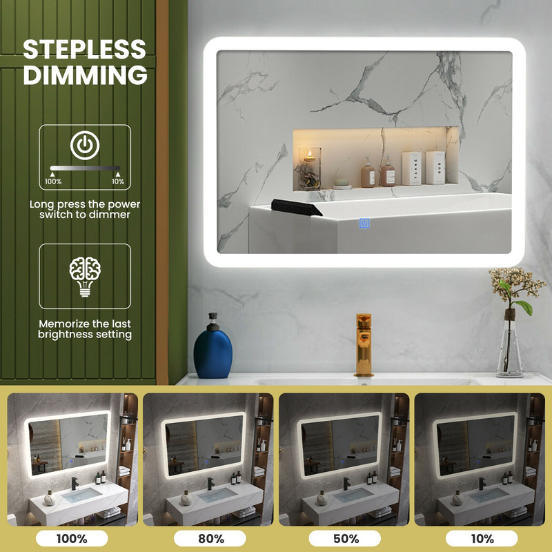 LED Wall-Mounted Bathroom Mirror with Touch Rounded Arc Corner Design for Elegant Lighting