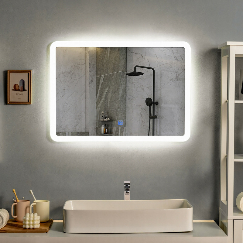 LED Wall-Mounted Bathroom Mirror with Touch Rounded Arc Corner Design for Elegant Lighting